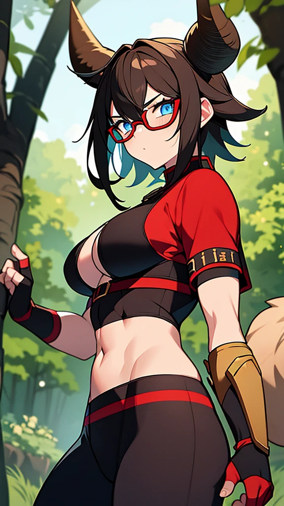 1goat girl, muscle body, goat ears, golden horns, short brown hair, perfect eyes, scars on the body, blue eyes, serious face, glasses, warrior clothing, red and black top, bandage in the arms, red fingerless gloves, red and black pants, black shoes, red spear with black details in the hand, big breasts, big ass, forest background