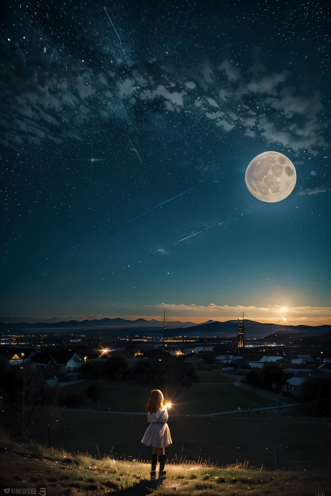 Create a landscape of a girl in the starry night with the bright moon in 2D anime style
