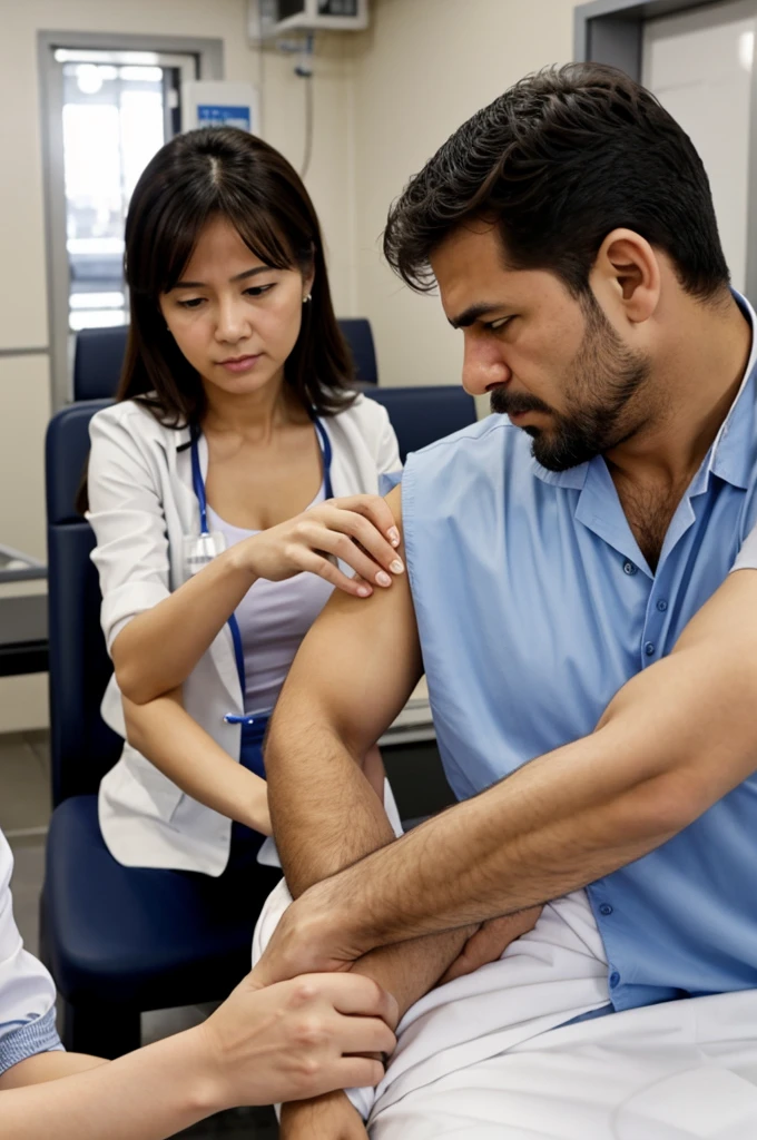 Create an image where a woman is vaccinated and a serious man is vaccinated