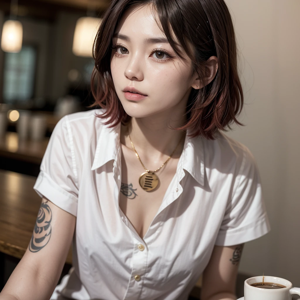 1 chiclo, Japanese, short red hair, front body looking to the left, Tattoos on arms and neck, gold eyes, pink eyelashes, white button down shirt and having a coffee