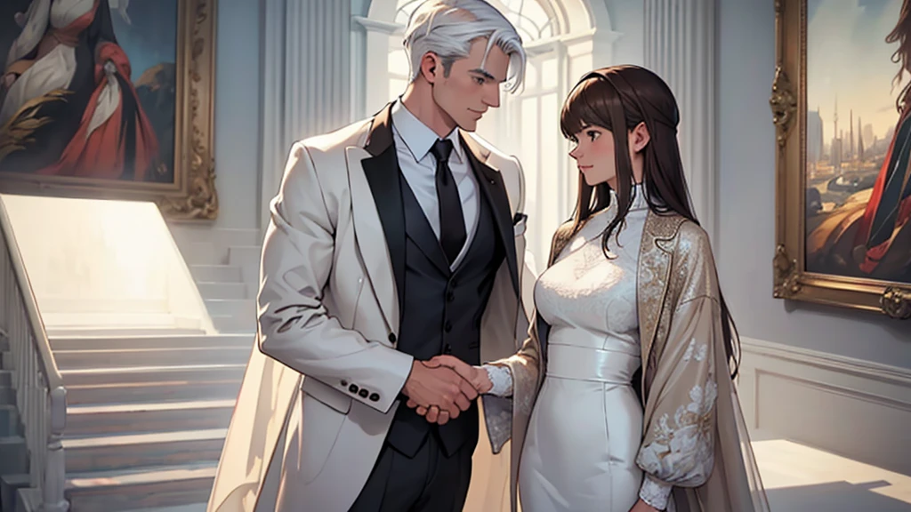 ((best quality)), ((work of art)), ((detailed)), man, white hair, wearing a suit jacket, shaking hands with a woman, brown hair with bangs, wearing a white dress