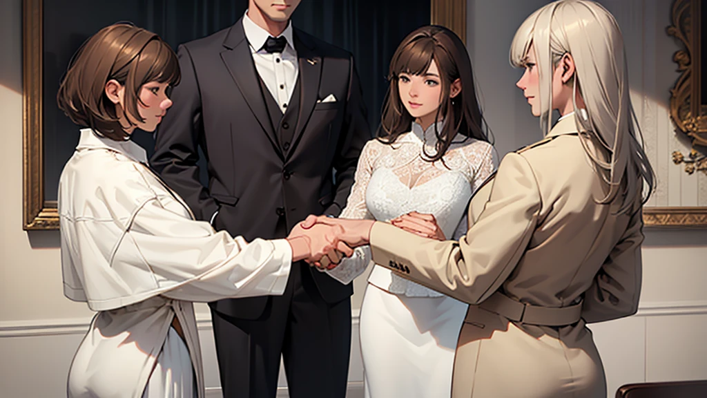 ((best quality)), ((work of art)), ((detailed)), man, white hair, wearing a suit jacket, shaking hands with a woman, brown hair with bangs, wearing a white dress
