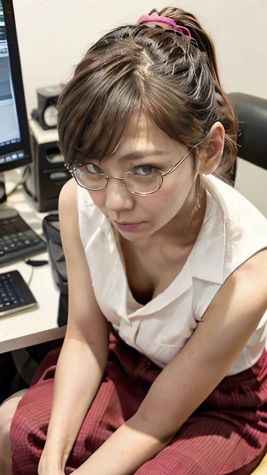(Japanese girl concentrating on her work、Staring at the monitor、Working on a computer、Japan Office)、(Realistic、Like a photograph、Live Action、8K, Realistic, RAW Photos, Best image quality: 1.4), Single-lens reflex camera、RAW Photos, Highest quality, Realistic, Very detailed CG Unity 8k wallpaper, Written boundary depth, Cinematic Light, Lens flare, Ray Tracing, Realistic background、(Wear glasses、Sleeveless buttoned shirt:1.4、(Long skirt:1.5)、Big Breasts)、((ultra high density skin))、 Cute Japanese Woman、((whole body:1.5),short hair:1.2、Short Ponytail、tie your hair with a hair clip、I like that style、stylish、Very detailed、Pay attention to the details、Perfect outfit、(Sunburned skin)、View from above、View from the seat a little far away