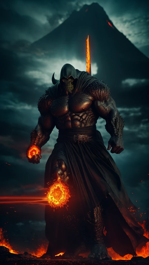 A furious giant reaper, HulkMorte, the god of death, erupting volcano, malevolent creature, dramatic lighting, cinematic composition, dark fantasy, dark moody atmosphere, dramatic chiaroscuro lighting, deeply saturated colors, dynamic poses, highly detailed features, hyper realistic, 8K, photorealistic, best quality, cinematic lighting, dramatic camera angle