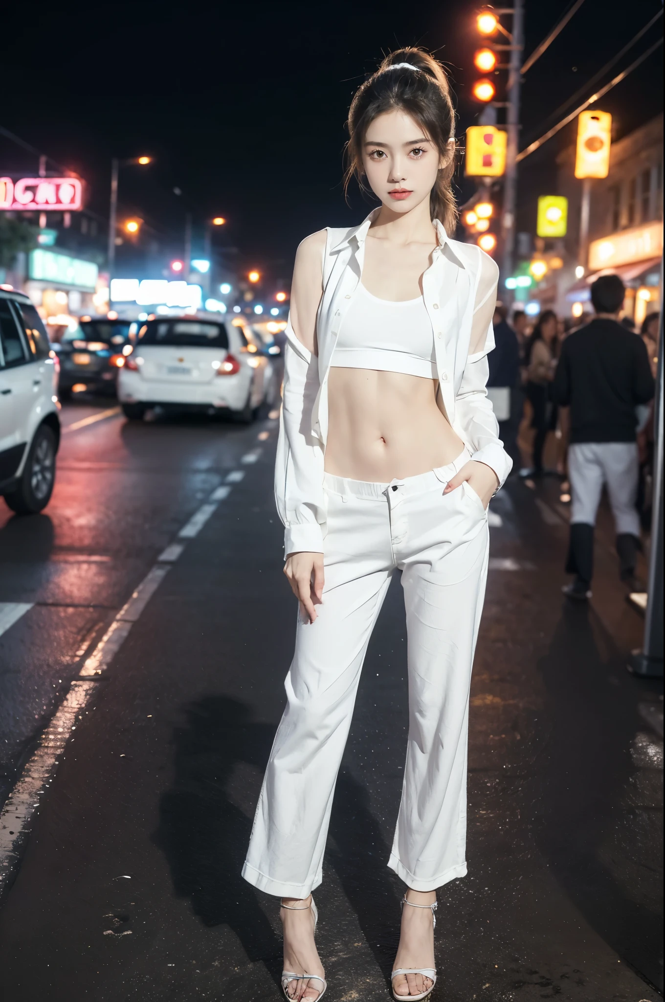 (((best quality))),(((ultra detailed))),(((masterpiece))),illustration,((1 beautiful girl,solo)),((slim,thin)),((small breasts,flat chest,navel)),(short ponytail:1.2), summer night, city streets, (white collared sleeved shirt:1.3),(open shirt:1.3),(underneath the shirt was white tank top:1.2),(baggy white long pants:1.2), gentle breeze, see-through shirt,rolled-up sleeves, casualness, youthful charm, natural beauty, facial features,ankles, vibrant colors, neon signs, streetlights, bustling activity, cars buzzing by, chatter of people, confident, ease, white outfit, vibrant urban landscape,(standing:1.3),((from front,full body))