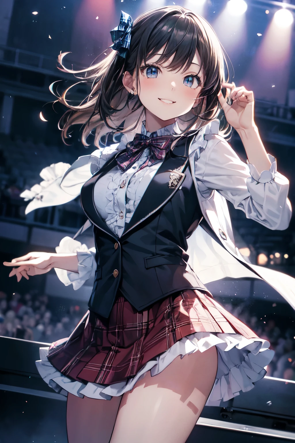 very cute and beautiful girl,(highly detailed beautiful face and eyes),(smile:1.2),happy,
black hair,looking at viewer,dancing,singing,beautiful legs,cowboy shot,
teen idol costume like AKB48,akiba idol with detailed frills,plaid vest,plaid blue mini skirt,
skirt fluttered in wind,live stage,concert hall,spot light,
(best quality,masterpiece),absurdres,highres,ultra-detailed,extremely detailed,32k,8k resolution,
intricate details,cinematic scene,detailed background,solo,dynamic angle,(realistic),