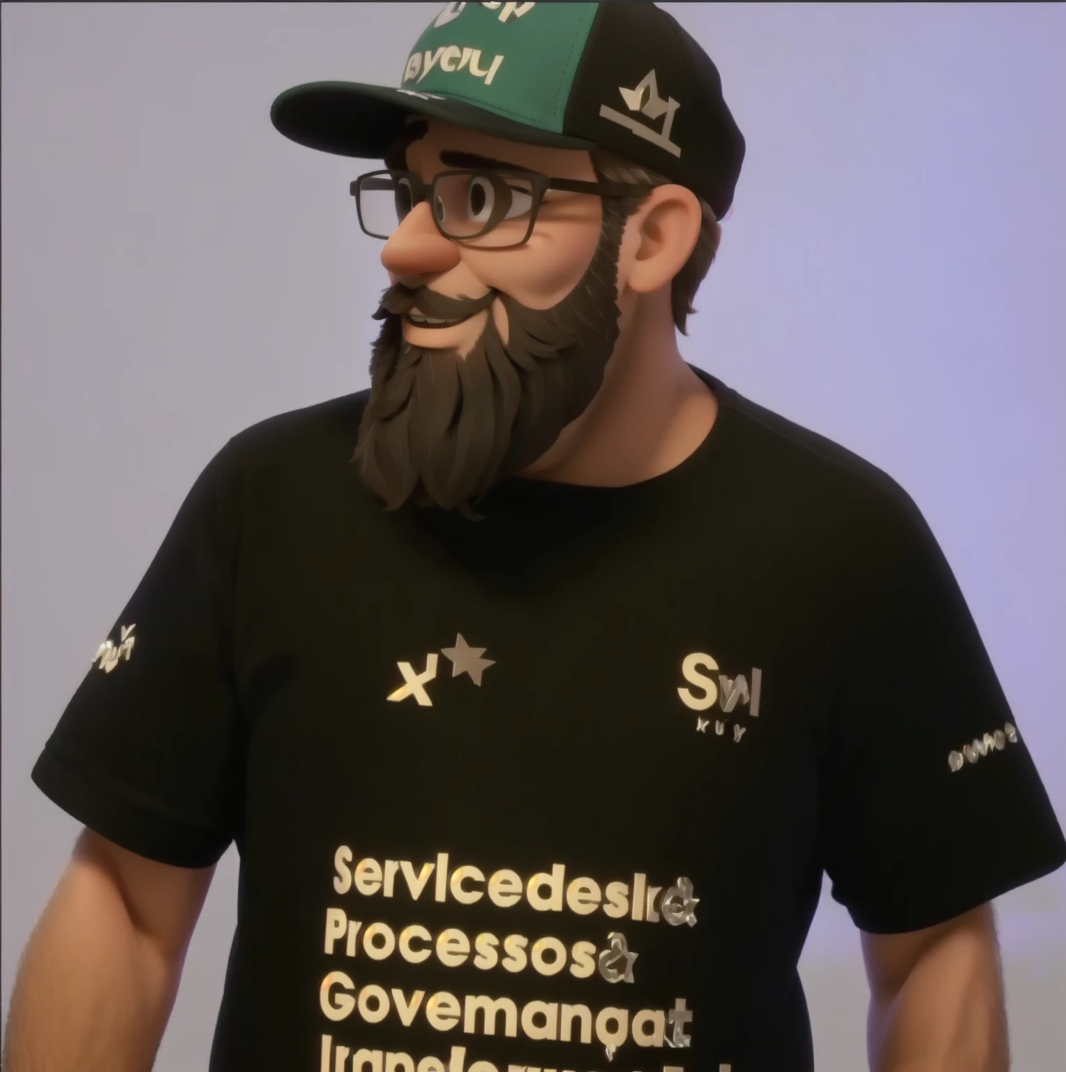 bearded man, glasses, cap, black jersey, clear image like disney pixar, joyful look, ssmile, imagem de boa qualidade
