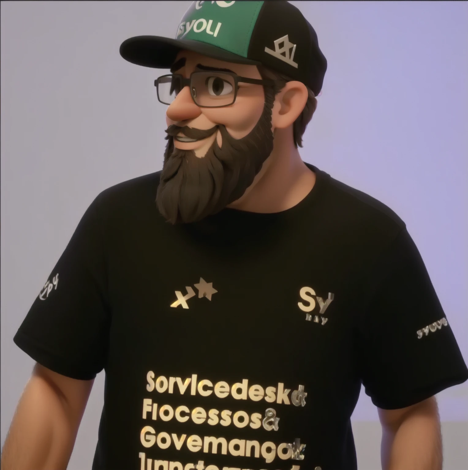 bearded man, glasses, cap, black jersey, clear image like disney pixar, joyful look, ssmile, imagem de boa qualidade