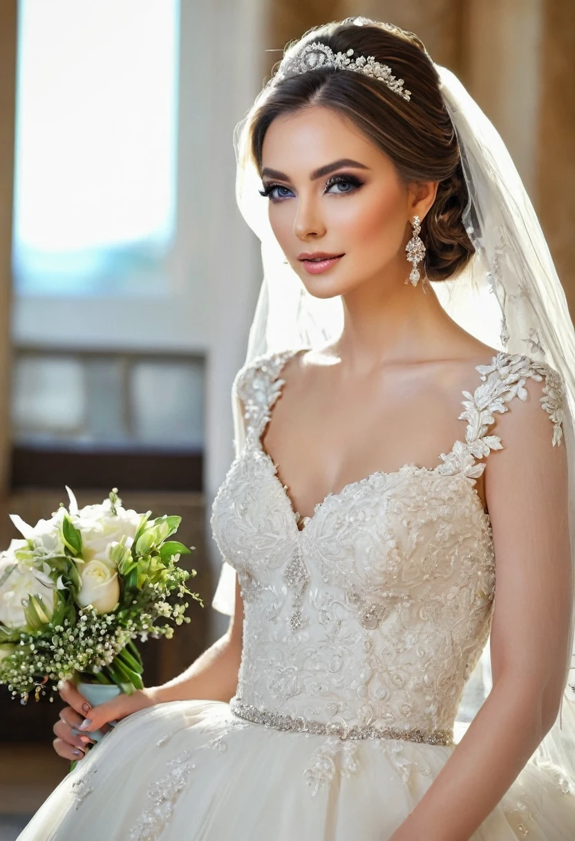 Beautiful woman, beautiful style, beautiful accessories, beautiful makeup, beautiful bride dress, simple,full-length,