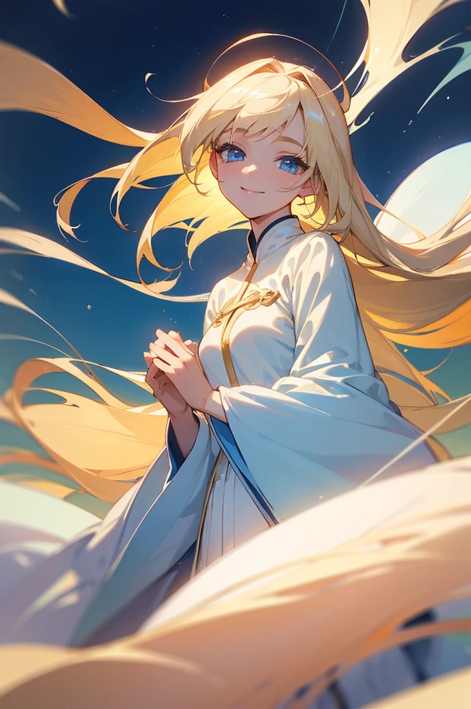 ((best quality)), ((masterpiece)), (detailed), female, soft, light complexion, regal, striking blue eyes, perfect eyes, smiling, bleach blonde hair, long hair, celestial deity, beautiful flowy outfit, grown, not young,
