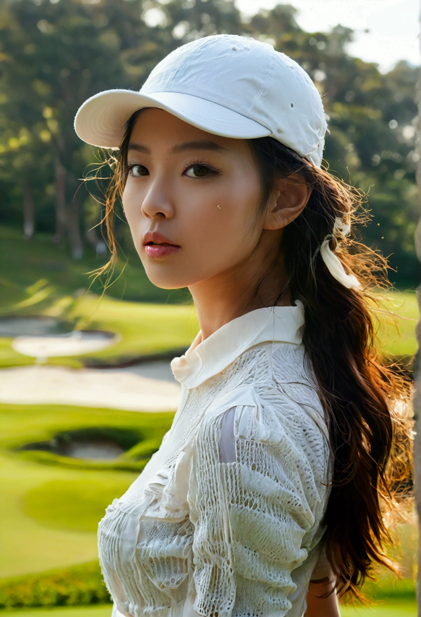 Create an image of a beautiful Korean woman in her twenties, dressed in a white hat and white golf outfit, standing on a golf course. The image should capture her entire body from head to toe