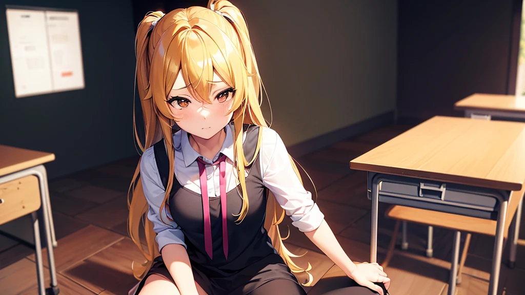 Chica anime sitting on a chair in a classroom with a black background, un dibujo anime de Shitao, tendencia en pixiv, ¿qué es?, seductive Chica anime, a hyperRealista , hyperRealista , Realista , attractive Chica anime, hermosa chica de secundaria anime, Chica animes, Chica anime, beautiful Chica anime squatting