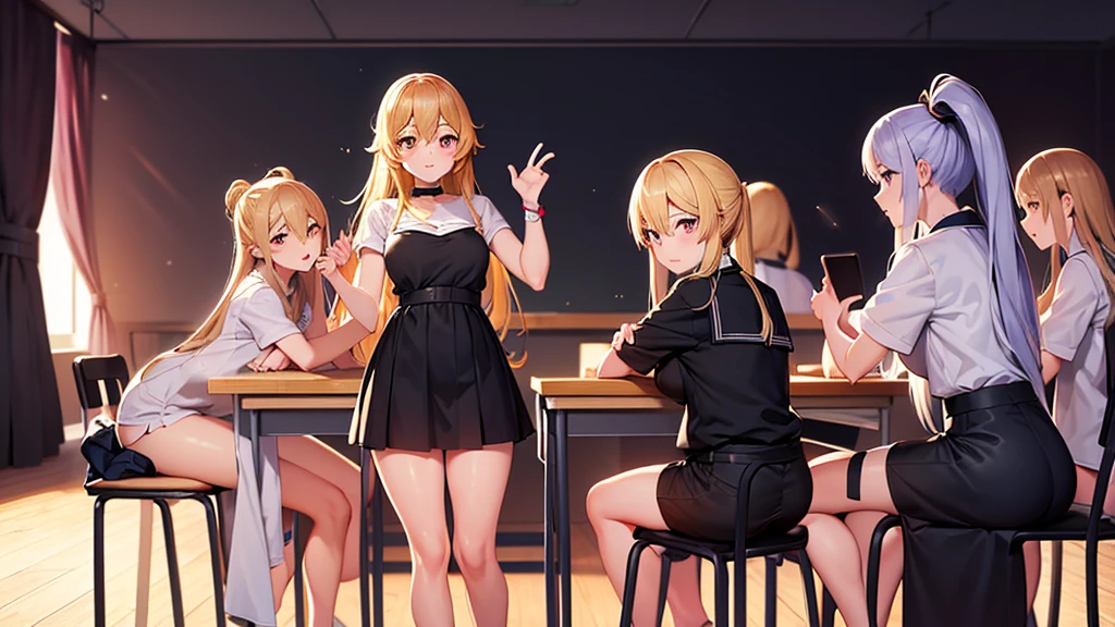 Chica anime sitting on a chair in a classroom with a black background, un dibujo anime de Shitao, tendencia en pixiv, ¿qué es?, seductive Chica anime, a hyperRealista , hyperRealista , Realista , attractive Chica anime, hermosa chica de secundaria anime, Chica animes, Chica anime, beautiful Chica anime squatting