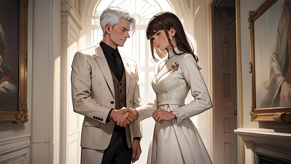 ((best quality)), ((work of art)), ((detailed)), man, white hair, wearing a suit jacket, shaking hands with a woman, brown hair with bangs, wearing a white dress