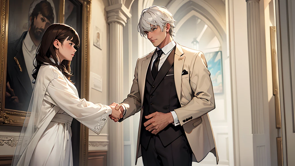 ((best quality)), ((work of art)), ((detailed)), man, white hair, wearing a suit jacket, shaking hands with a woman, brown hair with bangs, wearing a white dress