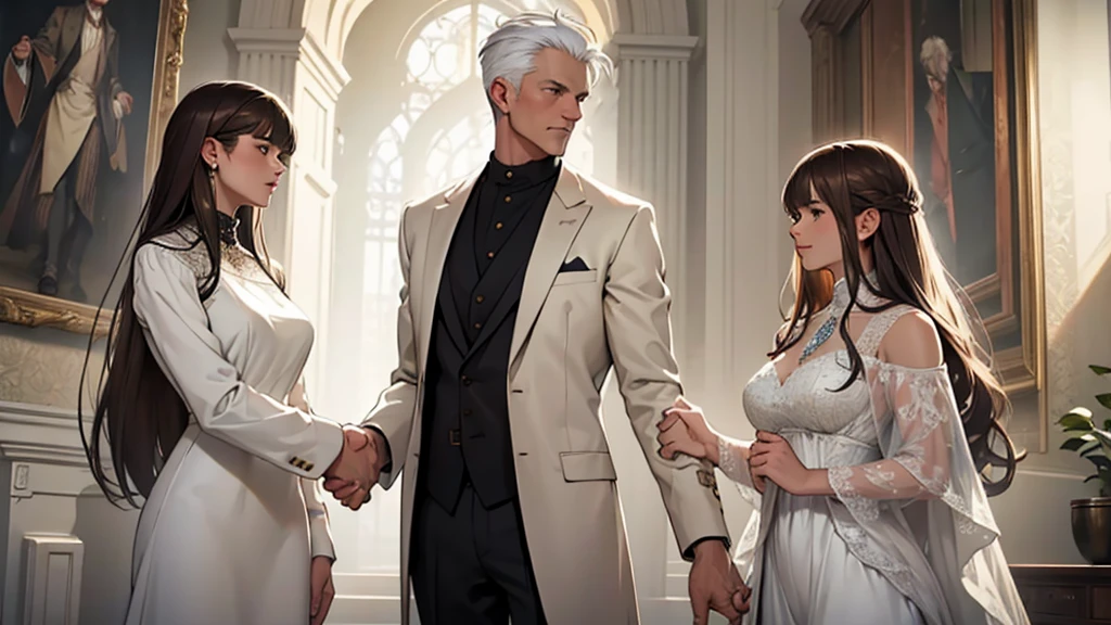 ((best quality)), ((work of art)), ((detailed)), man, white hair, wearing a suit jacket, shaking hands with a woman, brown hair with bangs, wearing a white dress