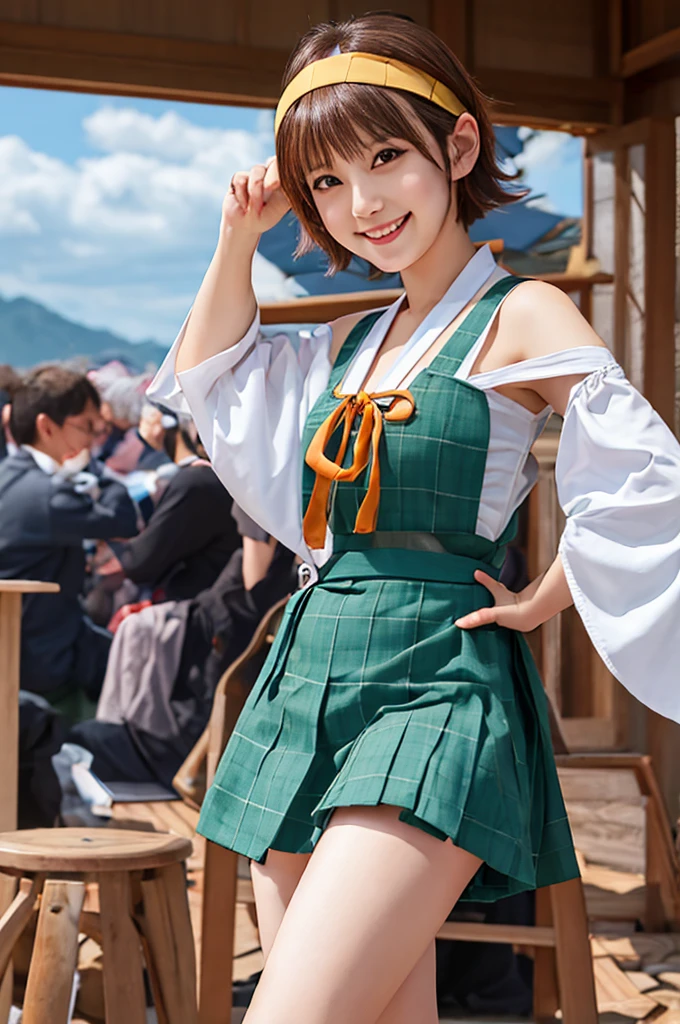 Highest quality, masterpiece, High resolution, 一人in, {Hiei Kai-2_Fleet Collection:1.15}, brown_hair, short_hair, hairband, headgear, Non-traditional_Shrine maiden, smile, green_eye, Inverted up_hair, Open_mouth, One girl, independent_sleeve, Japanese_Clothes, Looking_in_Audience, ribbon-trimmed_sleeve, ribbon_trim, whole body, Furon, white_p wa Background, one hour_drawing_Challenge