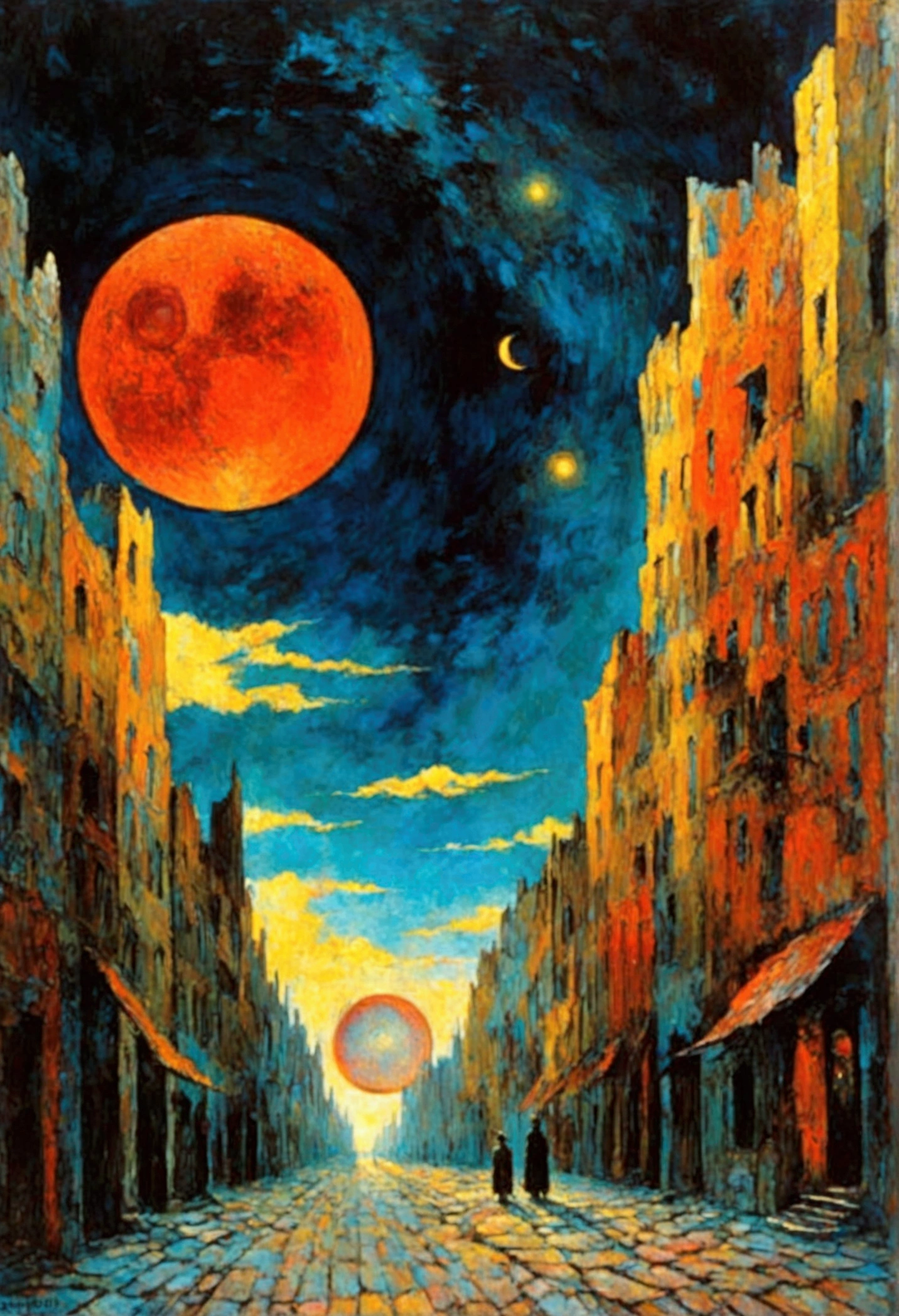Mythical creatures, author：Zdzislaw Beksiński and Vincent van Gogh, Red moon and big eyeucha