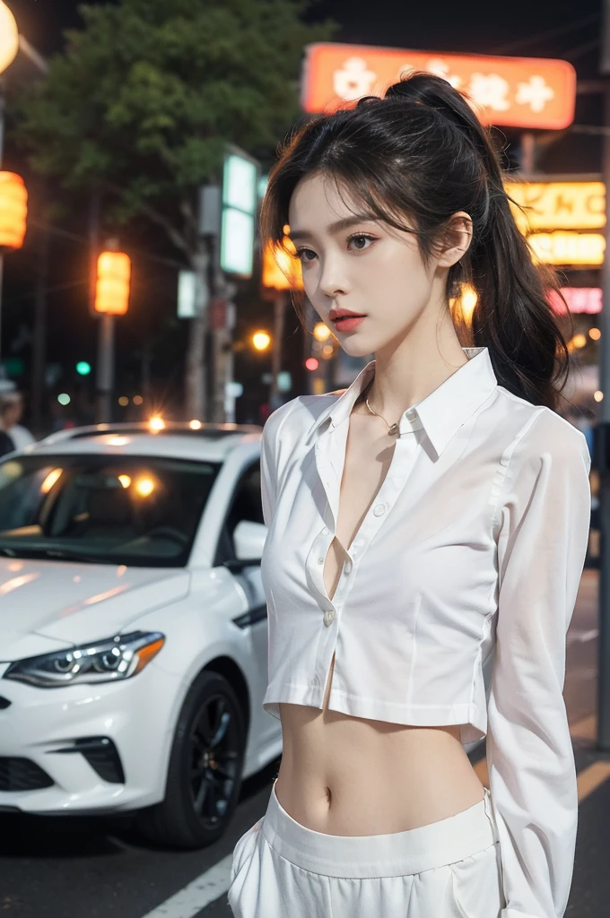 (((best quality))),(((ultra detailed))),(((masterpiece))),illustration,((1 beautiful girl,solo)),((slim,thin)),((small breasts,flat chest,navel)),(short ponytail:1.2), summer night, city streets, (white collared sleeved shirt:1.3),(open shirt:1.3),(underneath the shirt was white tank top:1.2),(baggy white long pants:1.2), gentle breeze, see-through shirt,rolled-up sleeves, casualness, youthful charm, natural beauty, facial features,ankles, vibrant colors, neon signs, streetlights, bustling activity, cars buzzing by, chatter of people, confident, ease, white outfit, vibrant urban landscape,(standing:1.3),((from front,upper body))