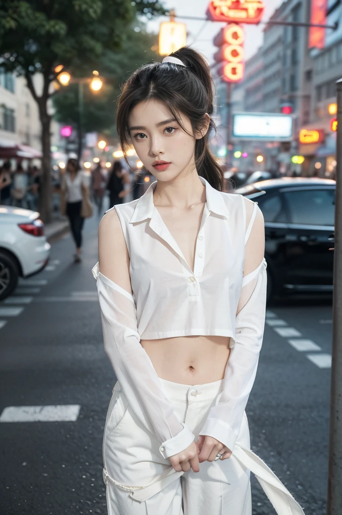 (((best quality))),(((ultra detailed))),(((masterpiece))),illustration,((1 beautiful girl,solo)),((slim,thin)),((small breasts,flat chest,navel)),(short ponytail:1.2), summer night, city streets, (white collared sleeved shirt:1.3),(open shirt:1.3),(underneath the shirt was white tank top:1.2),(baggy white long pants:1.2), gentle breeze, see-through shirt,rolled-up sleeves, casualness, youthful charm, natural beauty, facial features,ankles, vibrant colors, neon signs, streetlights, bustling activity, cars buzzing by, chatter of people, confident, ease, white outfit, vibrant urban landscape,(standing:1.3),((from front,upper body))