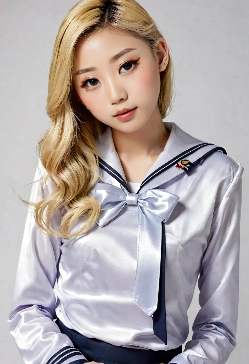 A gorgeous 15-year-old blonde Japanese girl in a satin long-sleeve sailor uniform