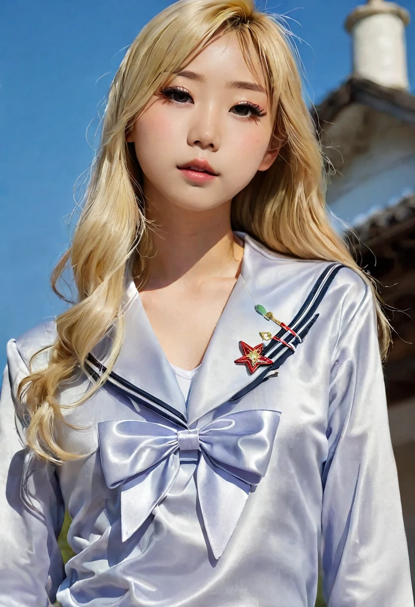 A gorgeous -yeld ble Japanese girl in a satin long-sleeve sailor uniform