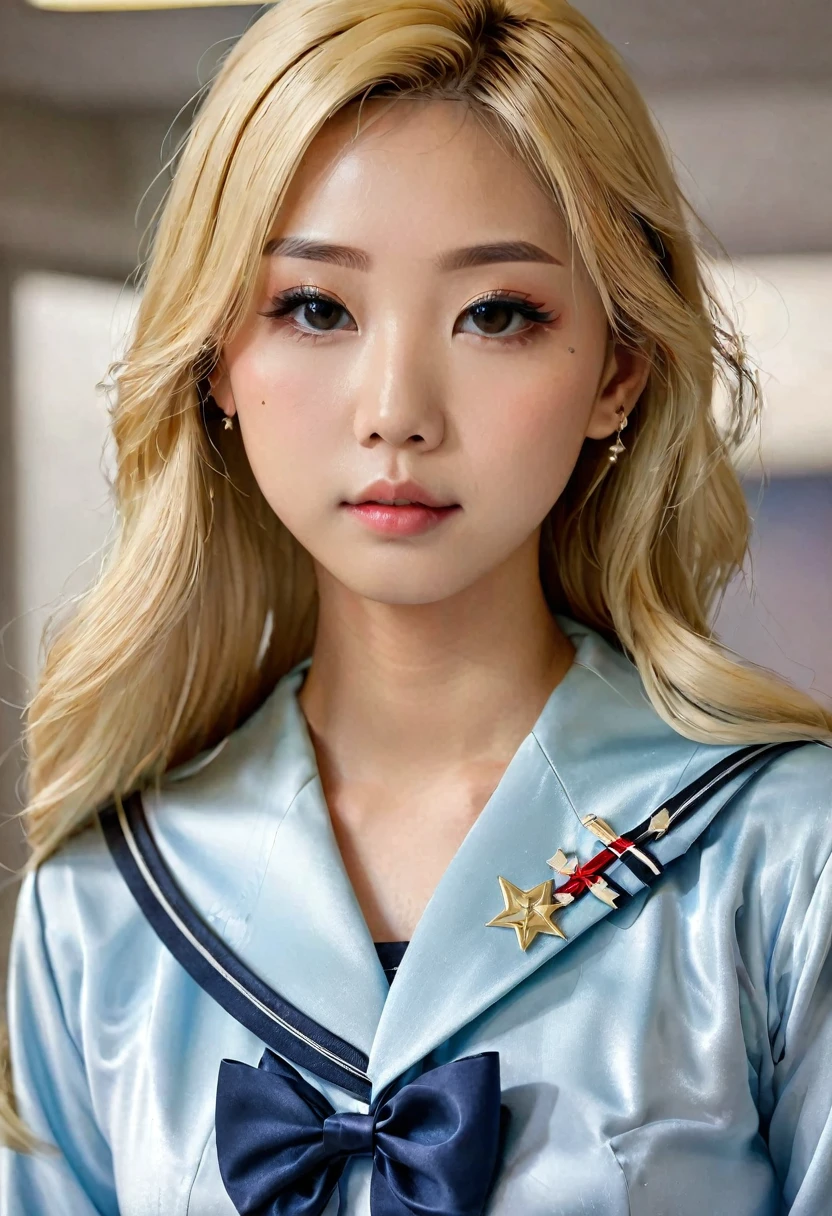 A gorgeous 15-year-old blonde Japanese girl in a satin long-sleeve sailor uniform