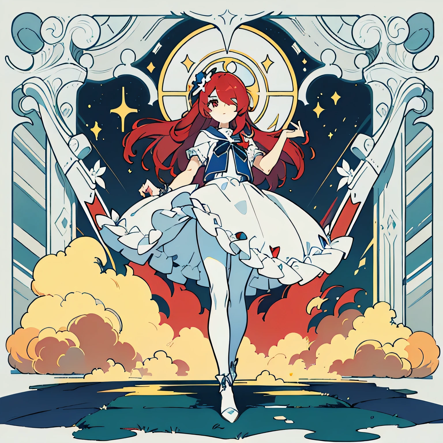(Best Quality), (Masterpiece), (Official Art), (Single Person), (Girl), Exquisite Facial Features, red hair, (Smooth red Long Hair), (red Long Hair), (Beautiful red Long Hair), red Eyes, (Exquisite red Eyes), (Bright red Eyes), (One Eye), (red White Stripes), (One Eye 1.5), (White One Eye Mask), (White Skirt with red Pattern), ((delicate white skirt with blue pattern and hood 1.5), (slender legs), (white Pantyhose), (full of details)), (white Pantyhose with golden stripe 1.5), (white Pantyhose with gorgeous silver stripe), (delicate face), (open eyes), (wearing hood), (full body photo), (white high-heeled boots), (gorgeous white high-heeled boots), (overhead lens), (best quality), ((masterpiece), (ultra detailed), (illustration), (detailed light), (an extremely delicate and beautiful), (a cut girl: 1.2), (cowboy shot), standing, Starry sky children beautiful detailed dress, (beautiful eyes), floating silver hair, colored inner hair, (colored), Negative space, background detailed, mix4, (masterpiece, top quality, best quality, official art, beautiful and aesthetic: 1.2), (1Girl: 1.3), (fractal art: 1.3), (flat color: 1.3), (colored: 1.3), (masterpiece: 1.2), best quality, masterpiece, original, extremely detailed wallpaper, looking at viewer, 1 girl, solo, floating colored, long hair, upper body,