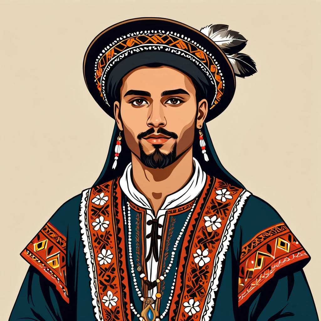 man in folk outfit from an unknown european ethnic group, vector graphics, strong contours

