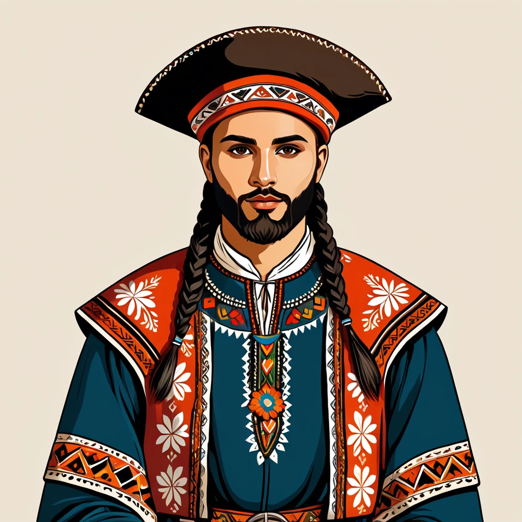 man in folk outfit from an unknown european ethnic group, vector graphics, strong contours