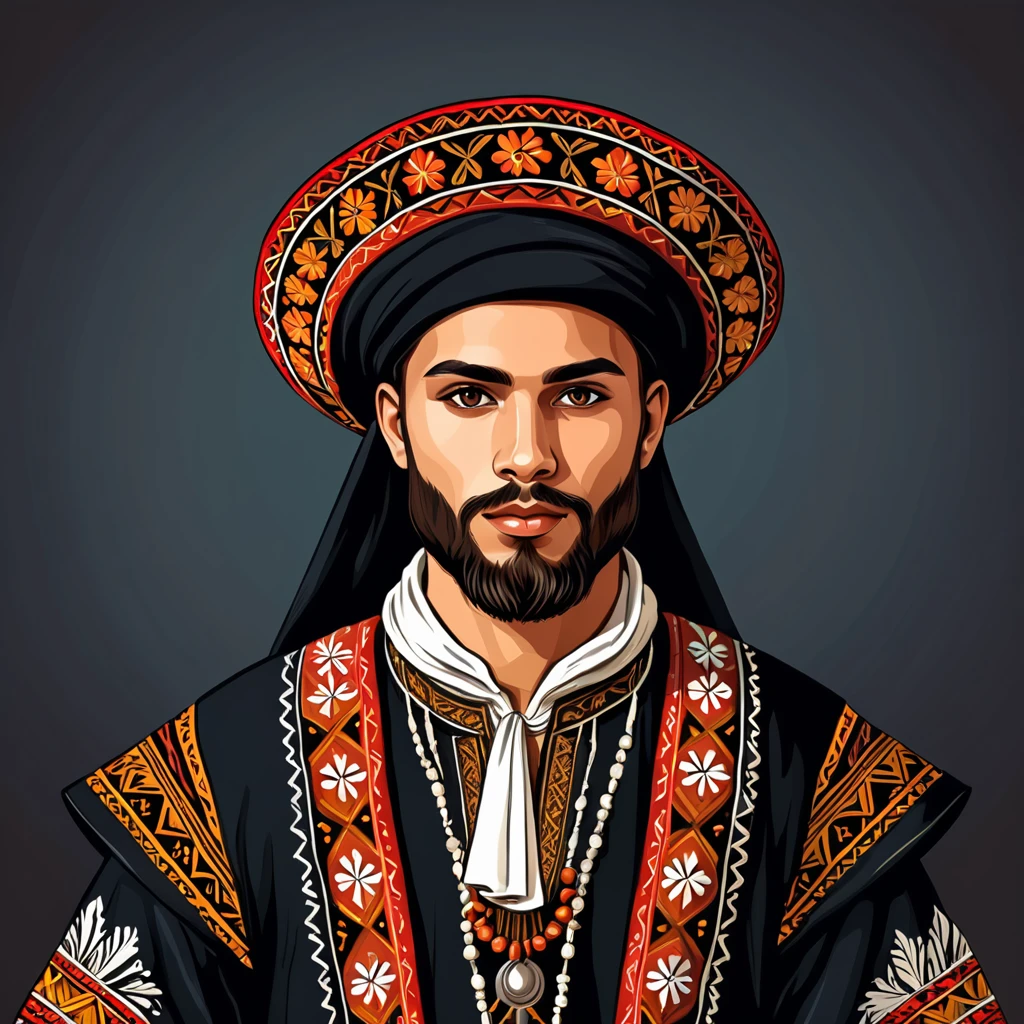 man in folk outfit from an unknown european ethnic group, vector graphics, strong contours