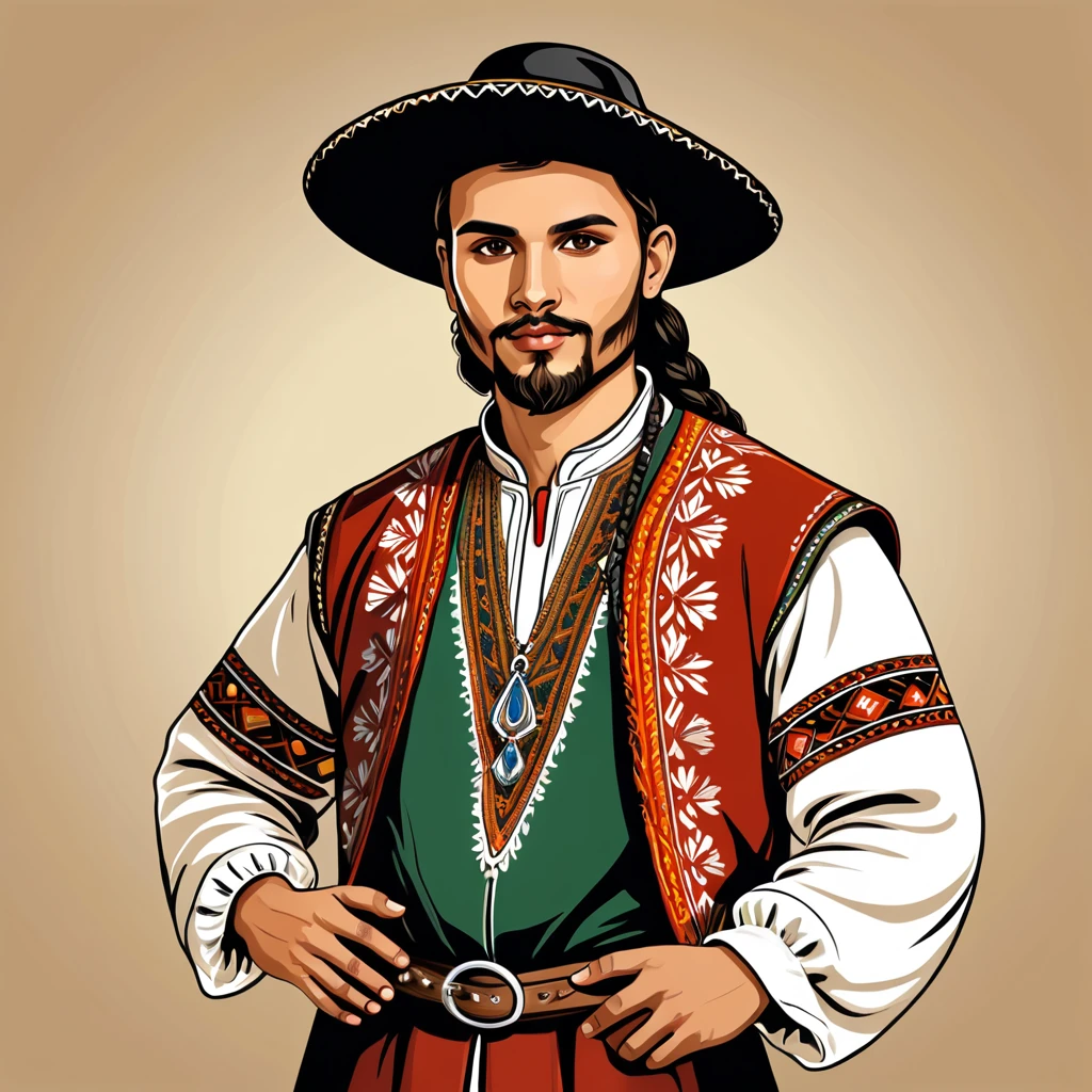 man in folk outfit from an unknown european ethnic group, vector graphics, strong contours
