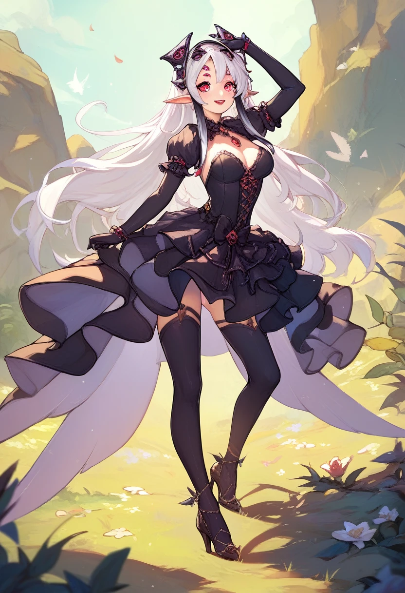 High resolution:1.2, best quality, perfect face, perfect anatomy, expressive eyes, fantasy landscape, 1girl, cute arachne, cute spider goddess, full body, medium breasts, white hair with highlights, black hair, long hair, pointed ears, red eyes, sexy dress, blue eyes, headgear, 8-legged spider
