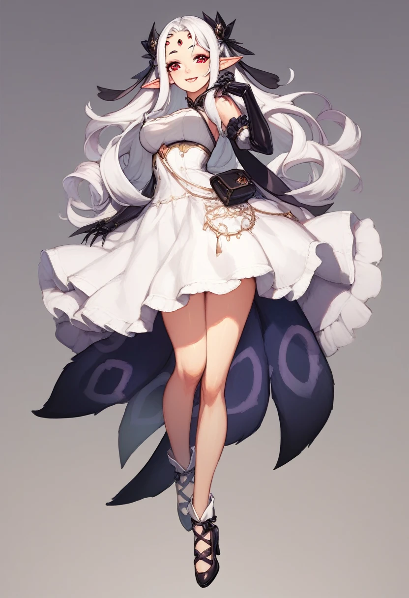 High resolution:1.2, best quality, perfect face, perfect anatomy, expressive eyes, fantasy landscape, 1girl, cute arachne, cute spider goddess, full body, medium breasts, white hair with highlights, black hair, long hair, pointed ears, red eyes, sexy dress, blue eyes, headgear, 8-legged spider
