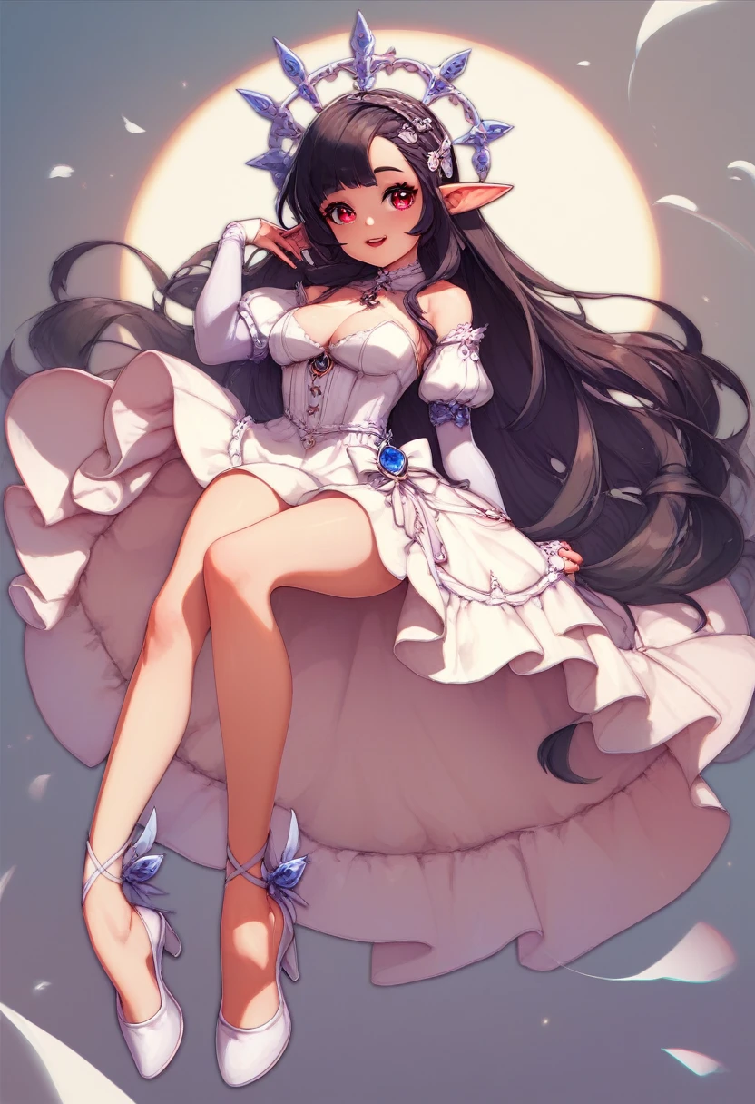 High resolution:1.2, best quality, perfect face, perfect anatomy, expressive eyes, fantasy landscape, 1girl, cute arachne, cute spider goddess, full body, medium breasts, white hair with highlights, black hair, long hair, pointed ears, red eyes, sexy dress, blue eyes, headgear, 8-legged spider
