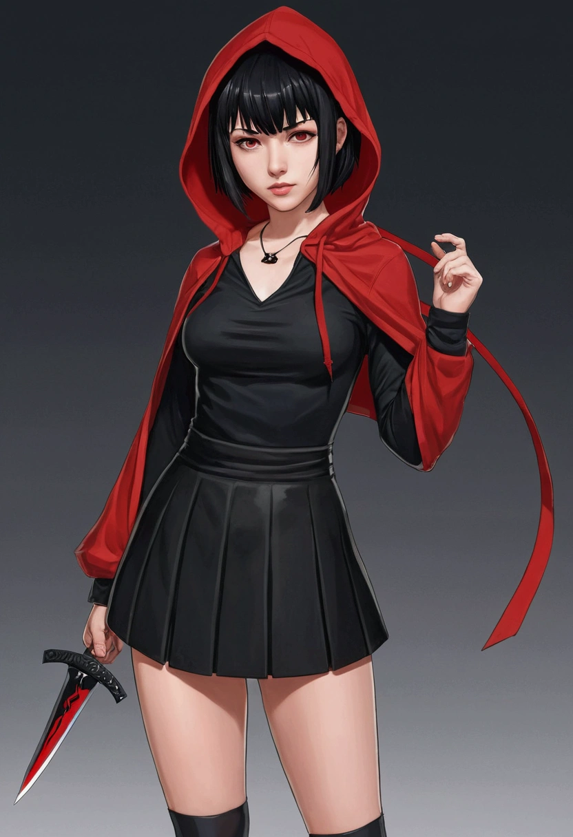 1 girl, short hair with bangs, Black hair with red tips, black dress or skirt, black hood, with a kunai in his hand, anime style