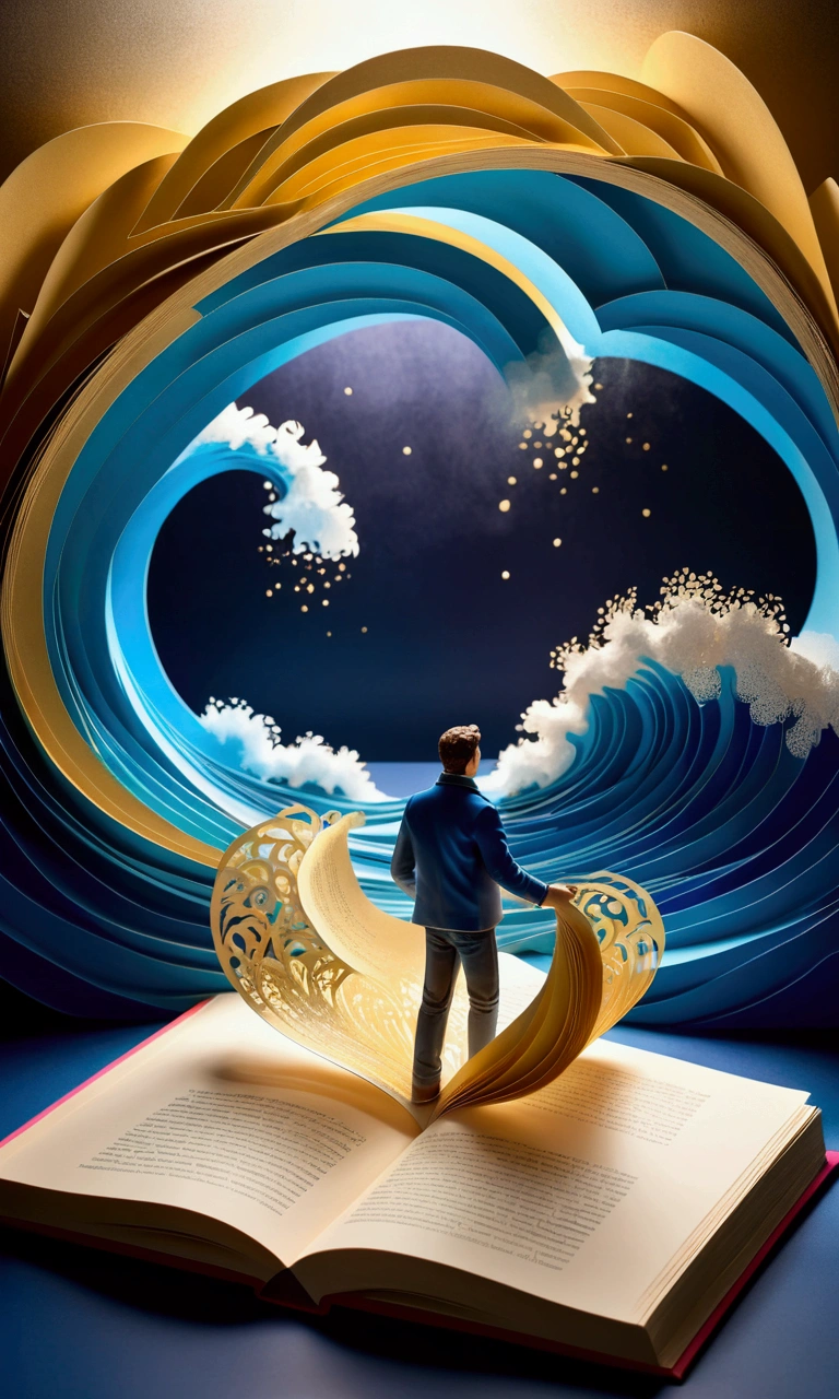 first person view a man with blue jacket open a gold pages pop up book, in the book a (pop up paper family crafted in papercut art), the book glow with golden and blue light waves. The background and a burst of wind waves the mist of a dark room. Thick wavy Brush strokes, Digital illustration, brush strokes, watercolor, golden light, dreamy atmosphere, rainbow waves, close up, (best quality, masterpiece) intricate gold patterns in the book