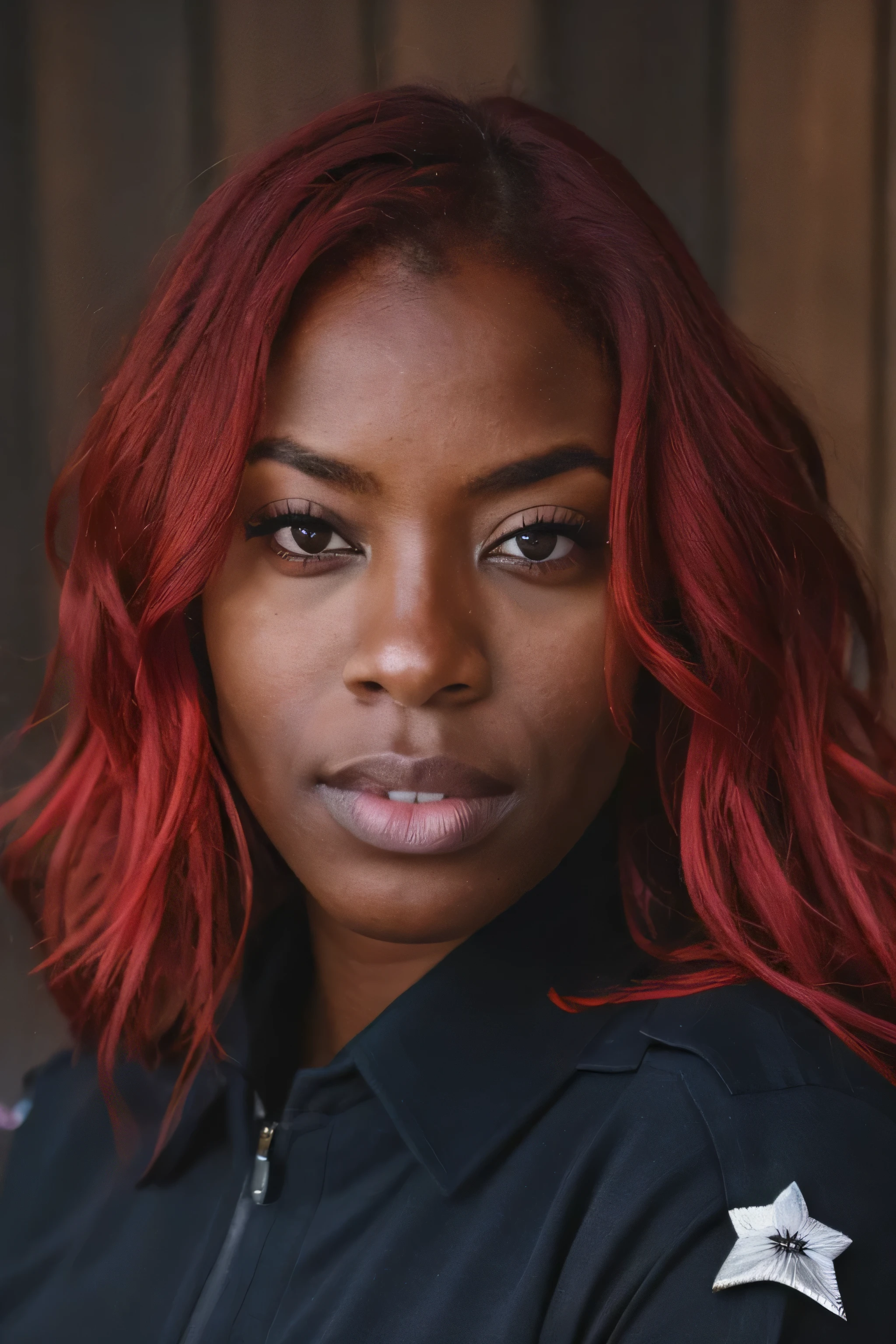 A portrait of a female police officer, darkskin, Red hair, hall, 