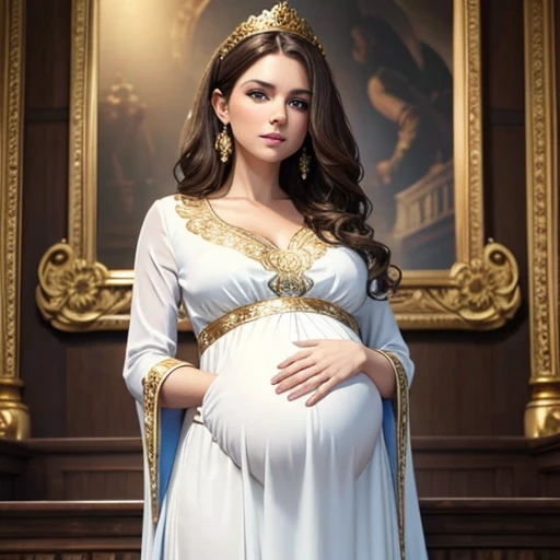 Beautiful pregnant queen, wavy brown hair, blue eyes, ornate white dress with gold details, 