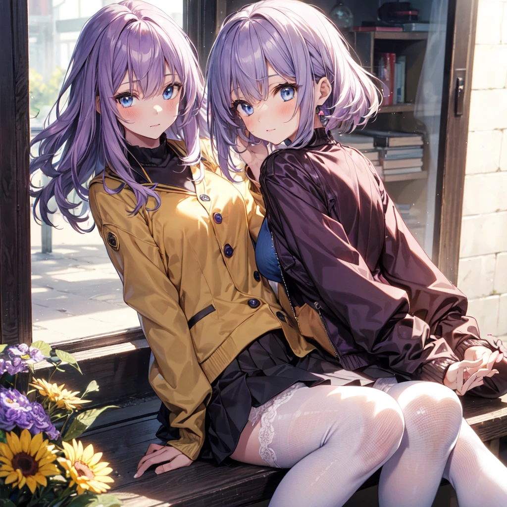 a girl with long, light purple hair, light blue eyes, who has a burgundy blouse with long-sleeved yellow buttons, who has a long jacket that reaches to her feet and that has a flower pattern and that is light purple, have a short burgundy skirt, have white tights and have purple flip flops