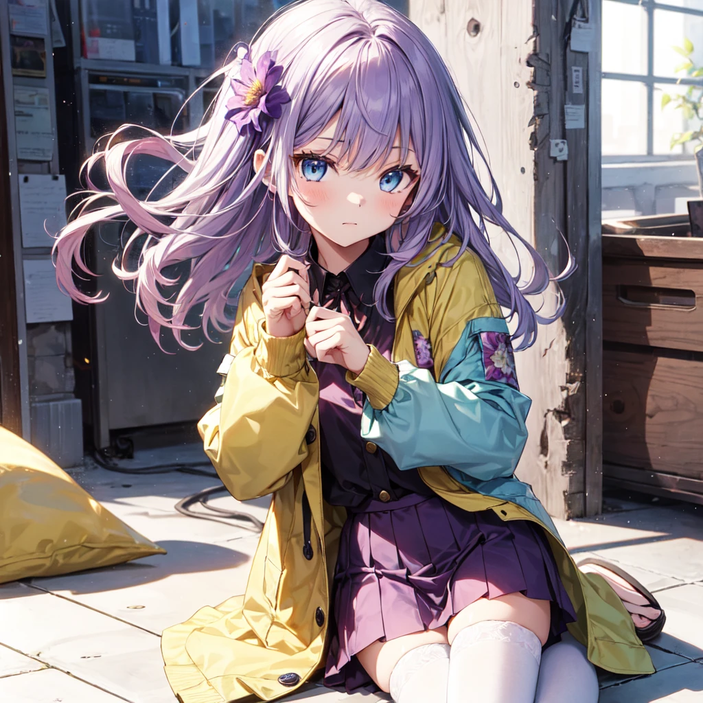 a girl with long, light purple hair, light blue eyes, who has a burgundy blouse with long-sleeved yellow buttons, who has a long jacket that reaches to her feet and that has a flower pattern and that is light purple, have a short burgundy skirt, have white tights and have purple flip flops