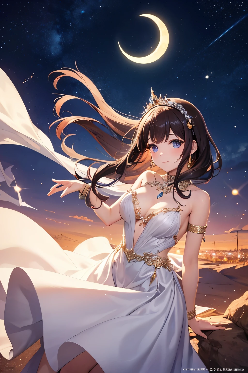 a princess, glittering silk dresses, sparkling accessories, desert kingdom, Arabian Night, crescent moon,