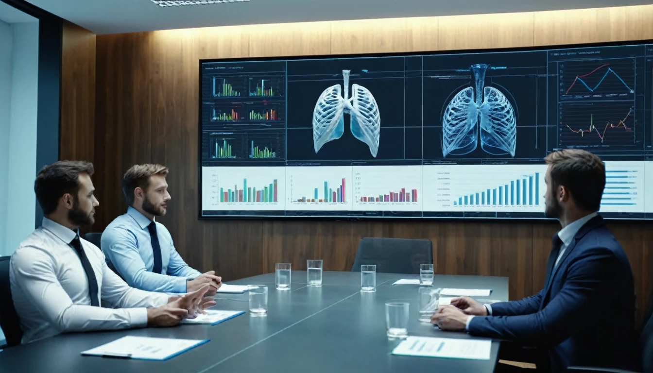 (Very Realistic):1.5, Company employees in a meeting room discussing, perfect anatomy, hidden hands, Graphs on a screen, 8k, HD
