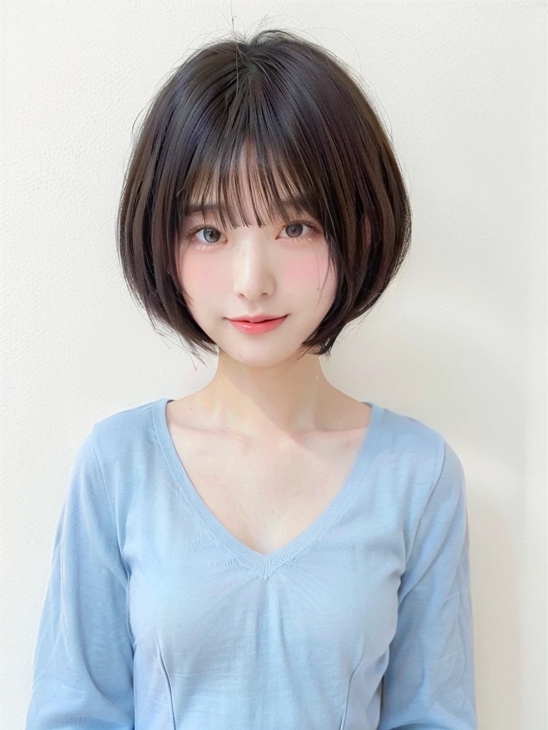 Dark green long sleeve dress、Big Breasts、(背景にWhite wall、Some of her hair is sky blue:1.4)、White wall、In front of a white door、(窓のあるWhite wallの部屋)、((Highest quality、、masterpiece:1.3))、Ultra-high resolution、(photoGenuineistic:1.4)、RAW Photos、Japanese,(detailed aspects)、Genuine、Photographed in natural light、Highly detailed face and skin texture、Highly detailed lips、smile、The correct state of the human body、Medium Hair、Black Hair、Various poses、Natural color lip