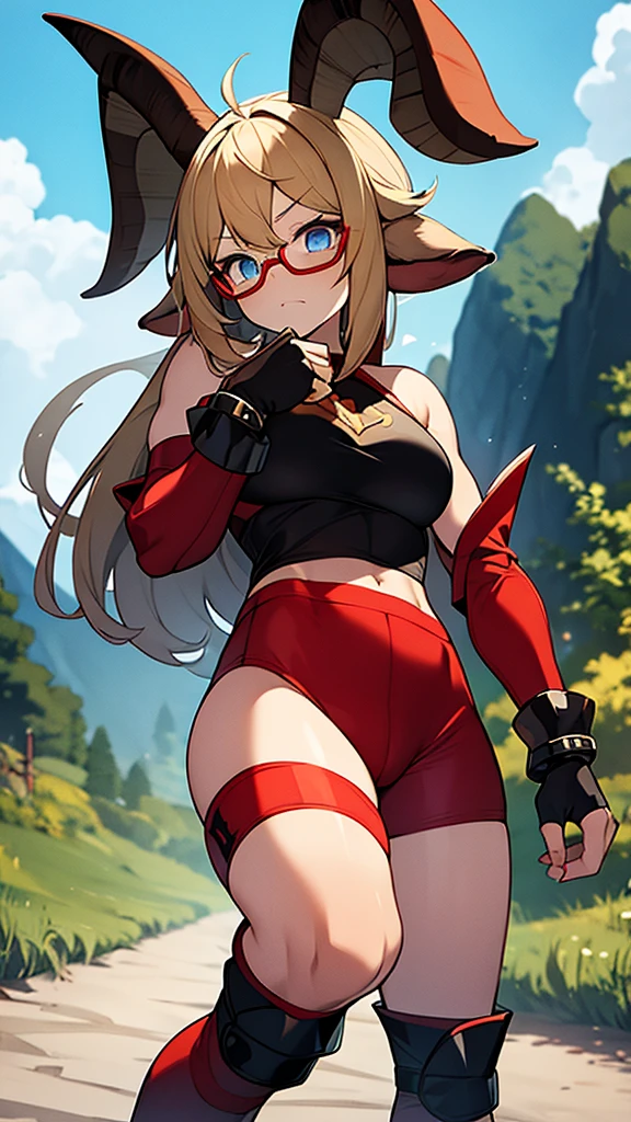 1goat girl, muscle body, goat ears, yellow horns, short brown hair, perfect eyes, scars on the body, blue eyes, serious face, glasses, warrior clothing, red and black top, bandage in the arms, red fingerless gloves, red and black pants, black shoes, red spear with black details in the hand, big breasts, big ass, forest background
