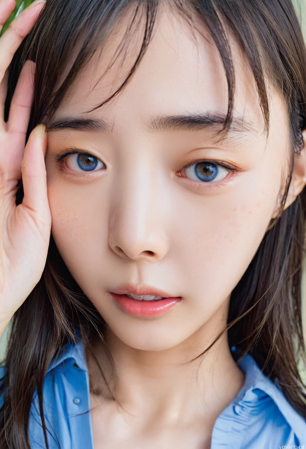 Close-up of a woman in a blue shirt taking a photo, Yoshitomo Nara, Realistic young gravure idol, Beautiful Asian Girl, Young and sexy gravure idol, Girl cute beautiful face, Beautiful Japanese girl face, Japanese Model, Young and cute gravure idol, For whom?, Gorgeous Young Korean Woman