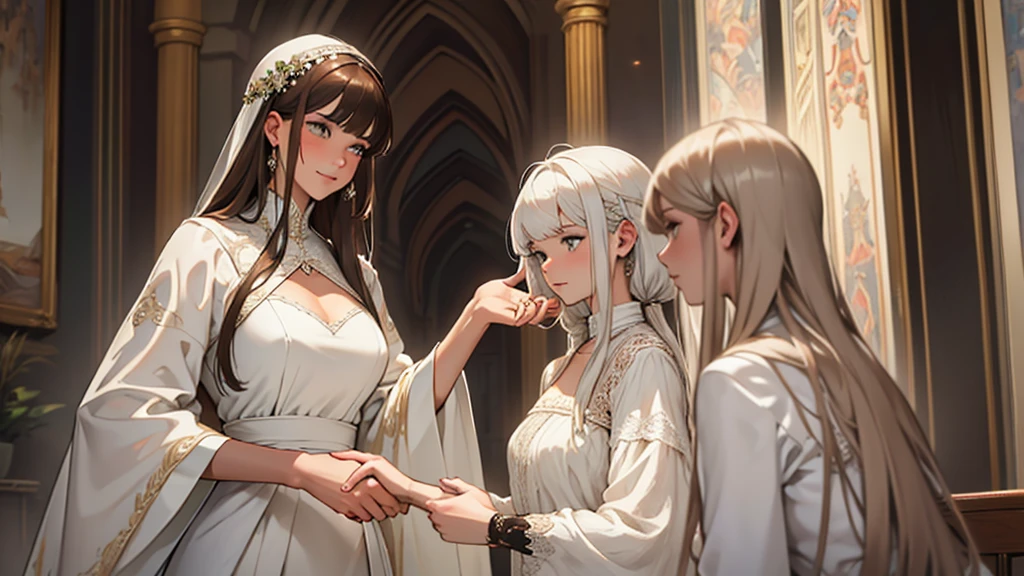 ((best quality)), ((work of art)), ((detailed)), man, white hair, shaking hands with a woman, brown hair with bangs, wearing a white dress with a neckline