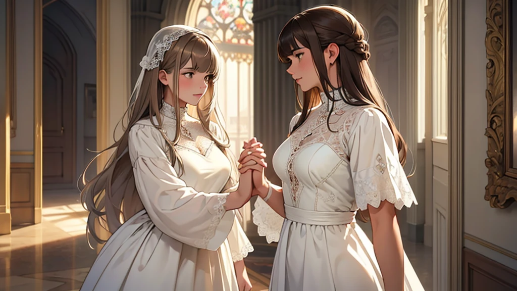 ((best quality)), ((work of art)), ((detailed)), man, white hair, shaking hands with a woman, brown hair with bangs, wearing a white dress with a neckline