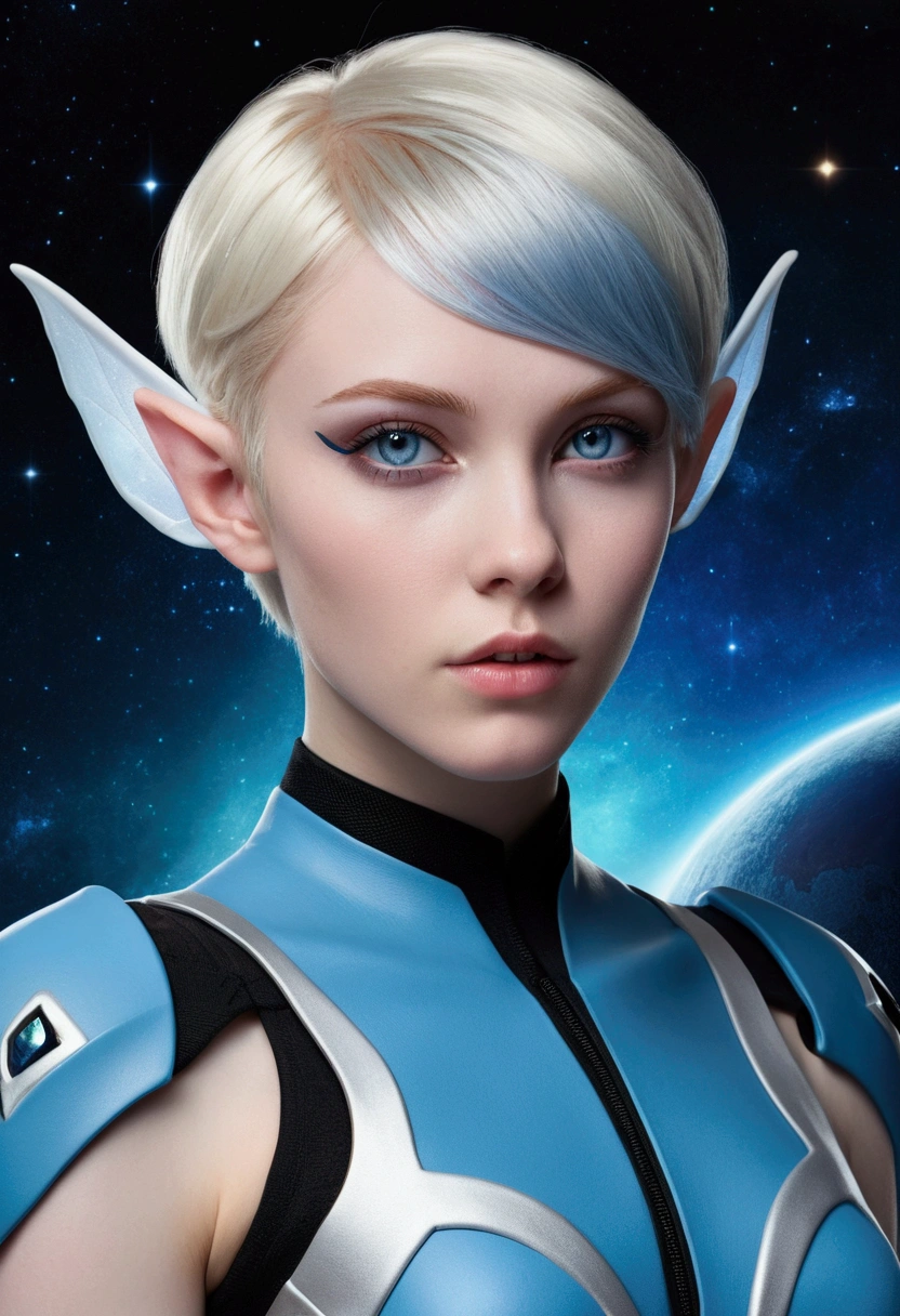 A stunning 22-year-old woman with alien-like pointed ears, white butterfly cut hair, crystal blue eyes, and pale skin. She has a slender, well-defined body with a narrow waist and prominent, large breasts. Nyx is wearing a form-fitting gray and blue space uniform and has a piercing in the shape of a lance. She has a star-shaped birthmark below her left eye. Set on a realistic alien planet, she exudes confidence and curiosity, ready to explore the galaxy, starting with Earth.
