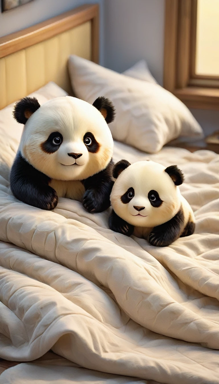 With the sunset in the background,(masterpiece:1.2, high quality), Two pandas sleeping together in bed、